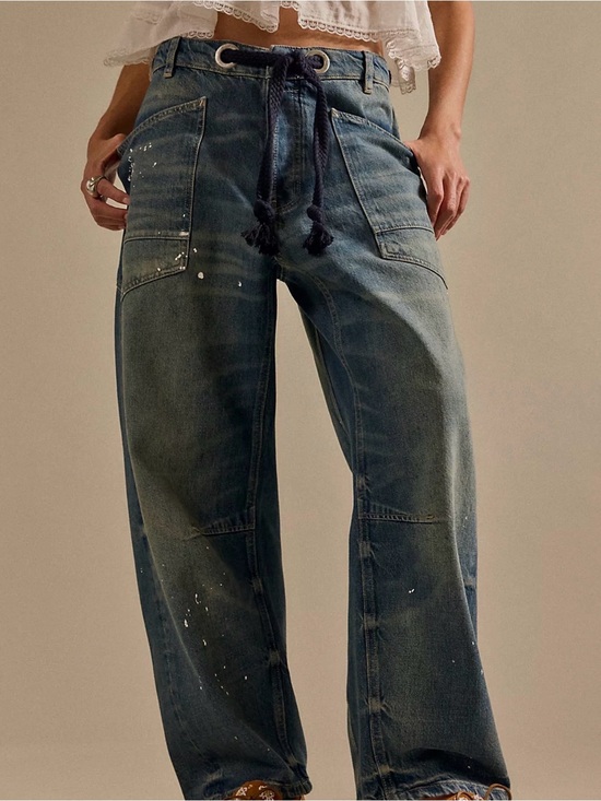 Free People Denim - Free People Moxie Barrel Timeless Blue Paint-Splatter Wide